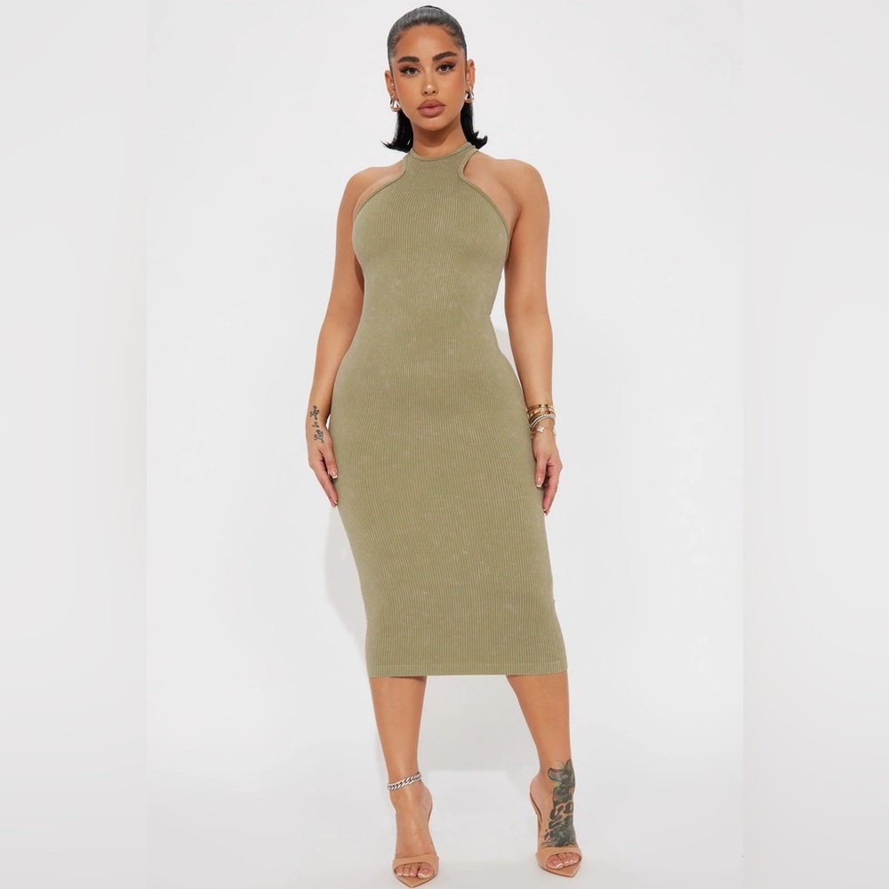 Olive Green Seamless Racerback Maxi Dress High Neck, Stretch Sz M/L NWT